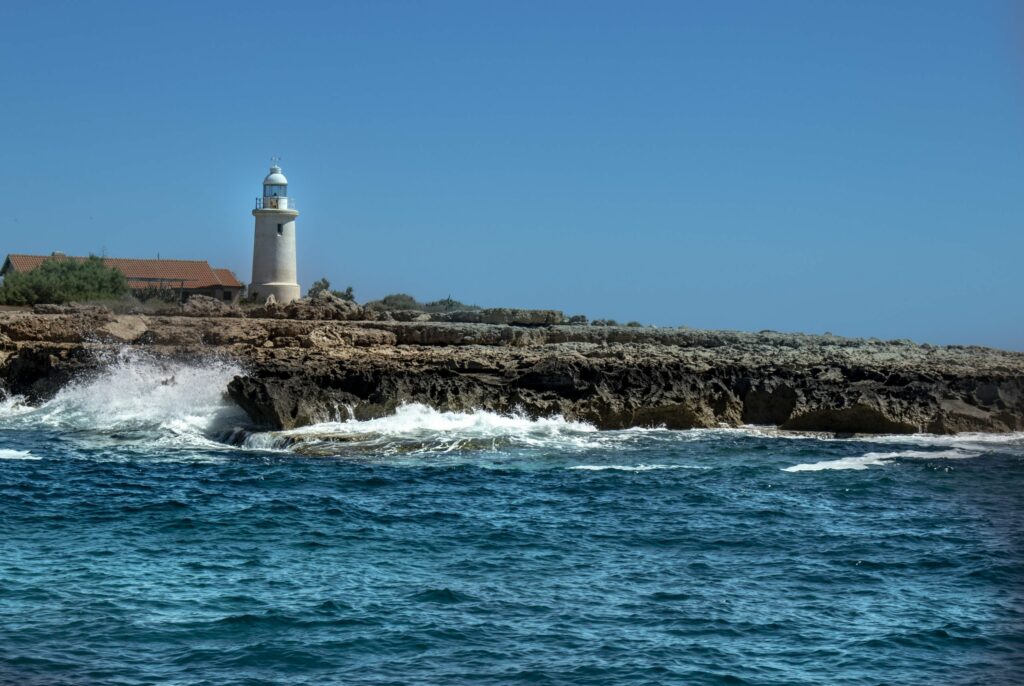 The Cape Greco lighthouse seen from a boat, South Cyprus