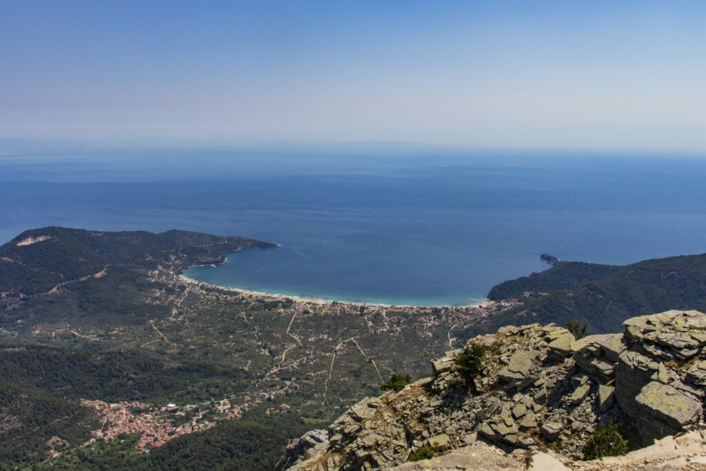 View of Golden Beach and Skala Potamia from Mount Ipsarion