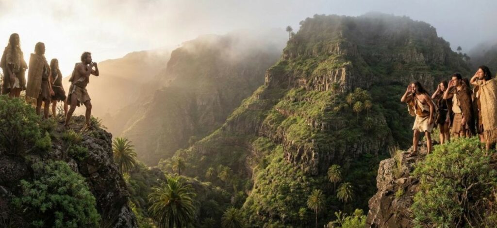 Illustration of Guanches communicating across a valley in the Silbo whistled language on La Gomera