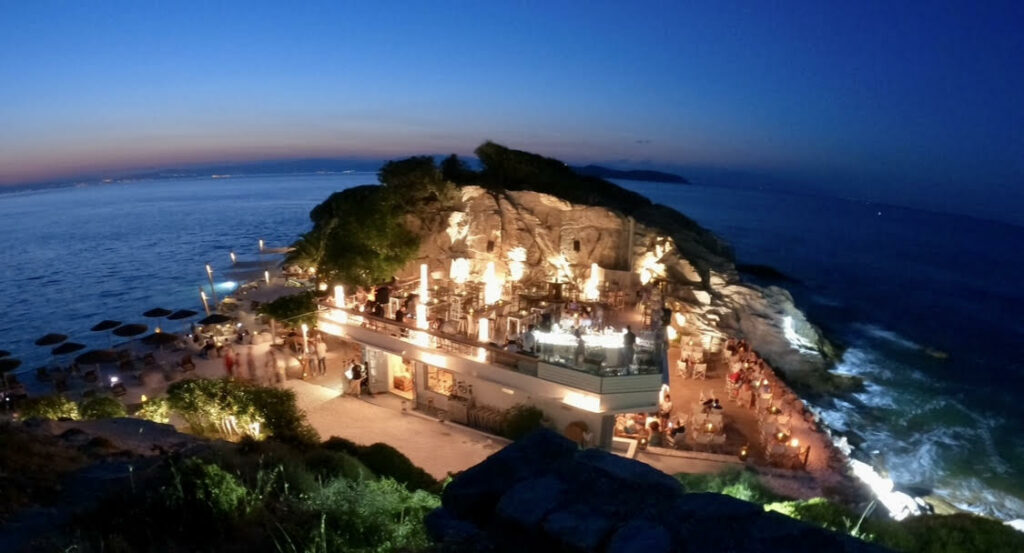 The Karnagio beach bar in the capital, Limenas, on the island of Thassos, photographed from above at night