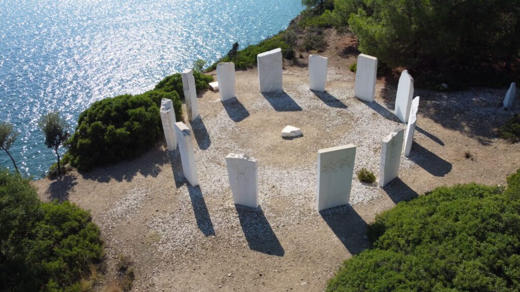 The marble zodiac above Metalia beach near Limenaria on Thassos, an aerial view of the zodiac and the sea