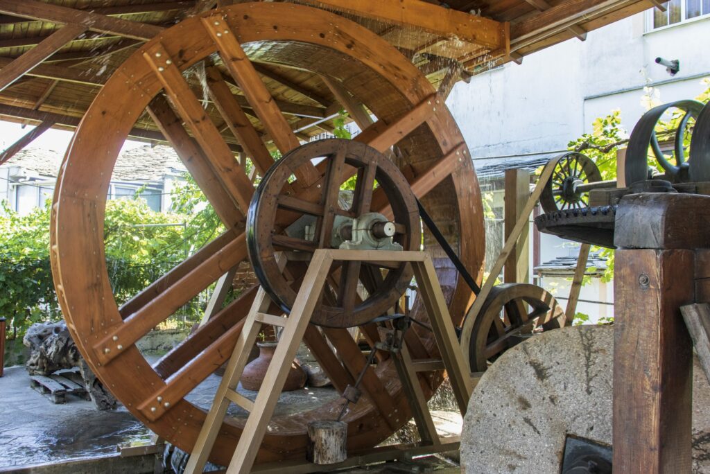 A water-powered mill wheel for making olive oil in the olive oil museum in Panagia on Thassos