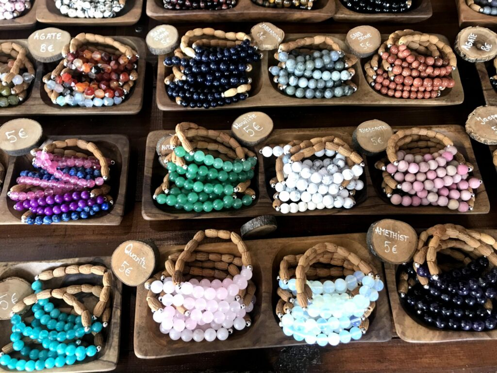 Bracelets made of olive stones by the Sotirelis shop in Panagia on Thassos