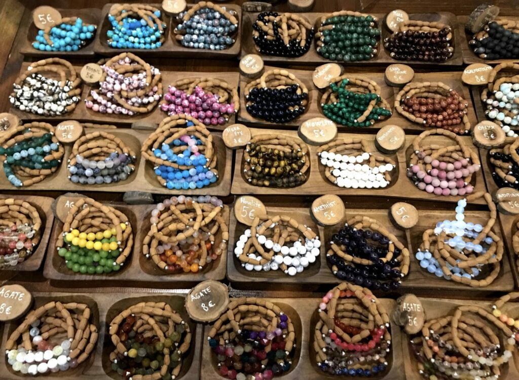 Bracelets made of olive stones by the Sotirelis shop in Panagia on Thassos