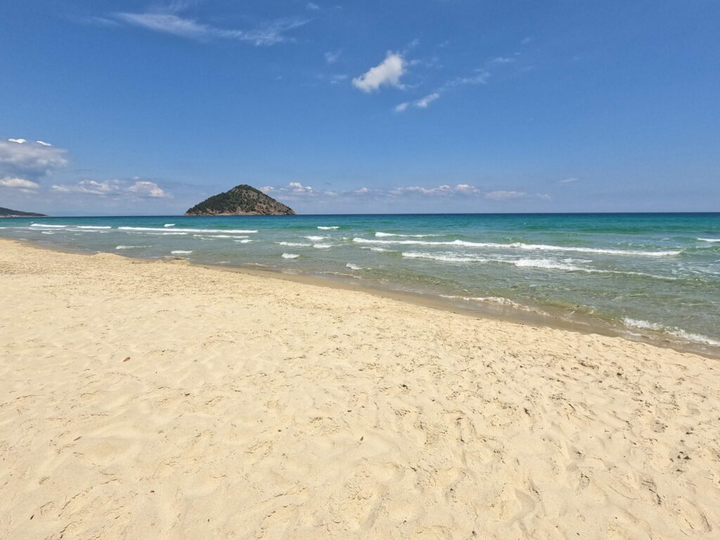 Paradise Beach and the islet of Kinira, Thassos, Greece