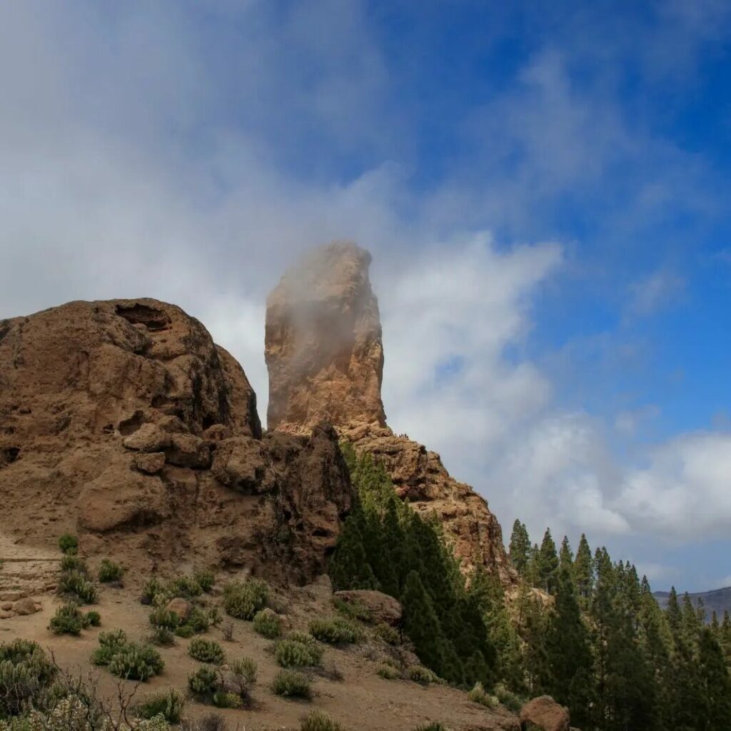 Roque Nublo: the rock monolith among clouds and Canary pines on Gran Canaria