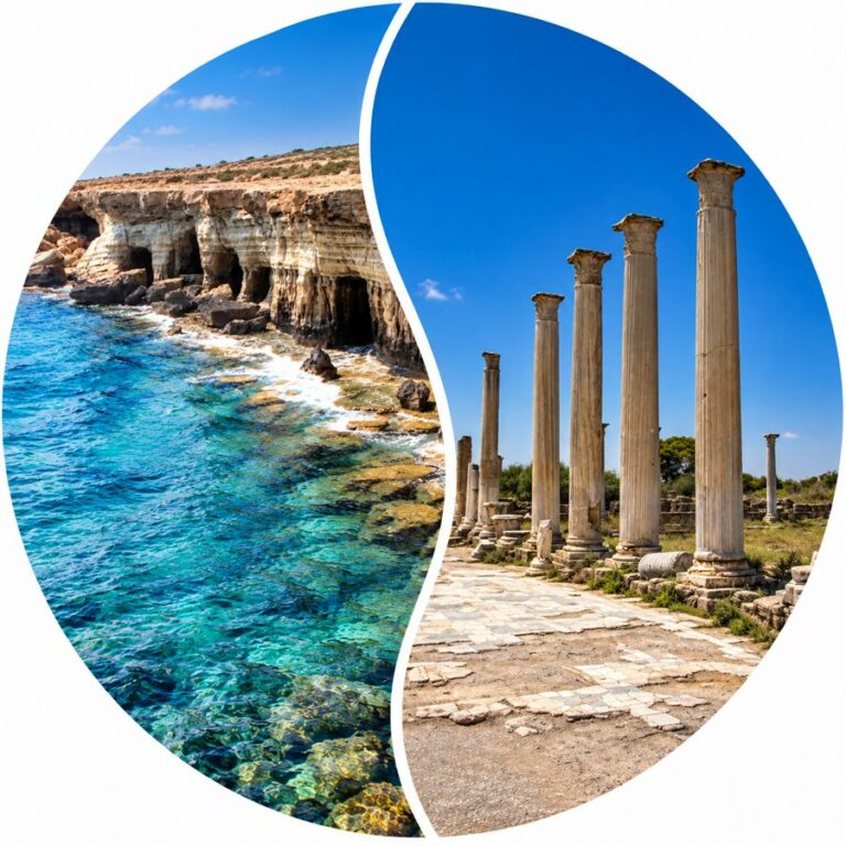 Sea caves near Ayia Napa in South Cyprus and ancient columns at Salamis in North Cyprus
