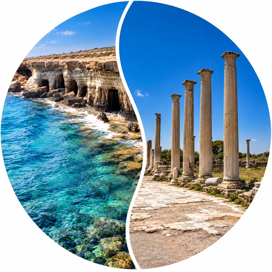 Sea caves near Ayia Napa in South Cyprus and ancient columns at Salamis in North Cyprus