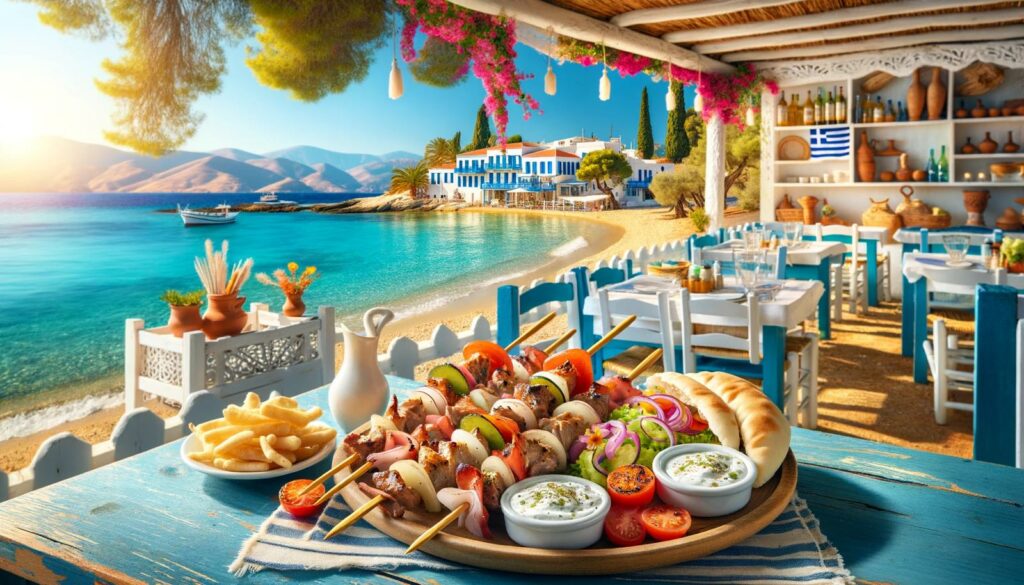 Illustration of the traditional Greek dish souvlaki on Thassos