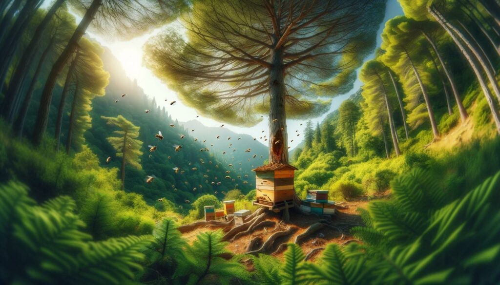 An illustration of an apiary in a forest on Thassos
