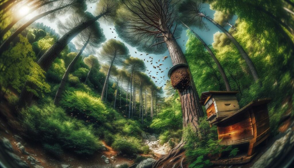 An illustration of an apiary in a forest on Thassos