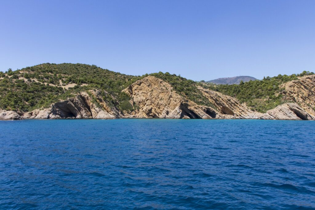 The coast of the island of Thassos from a boat