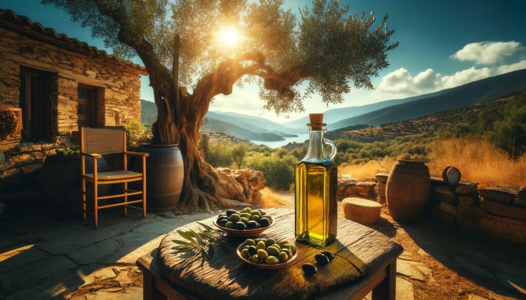 Illustration of olive oil and olives on Thassos