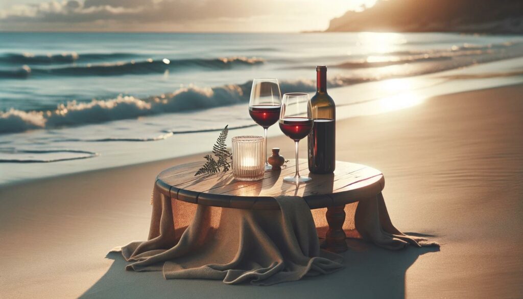 A romantic scene – wine on the beach